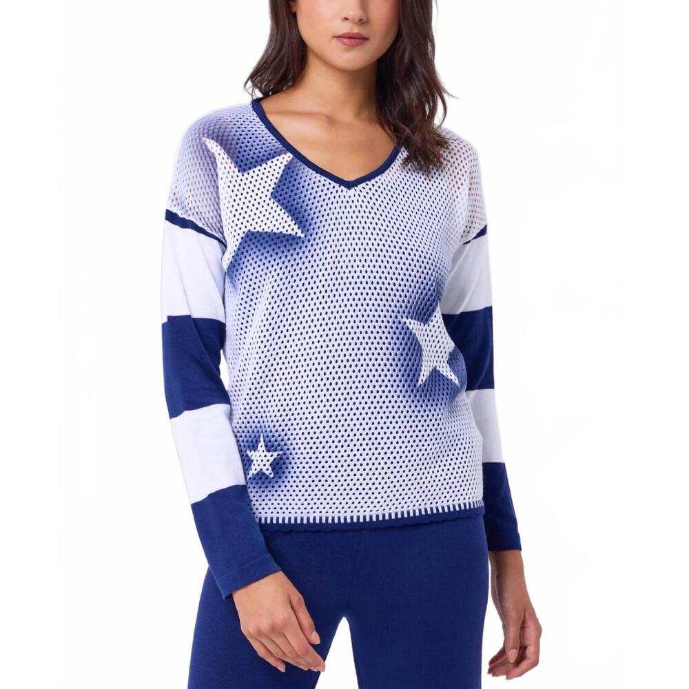 NEW ANGEL APPAREL star crochet knit top in white/navy